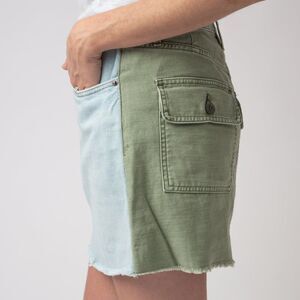 Frame Le Mini Cargo Mix Skirt Canteburry Size 24 Blue Denim Olive Green Raw Hem